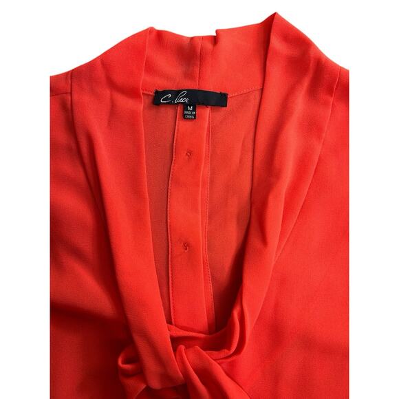 C. luce Orange V-Neck Chiffon Blouse Sz M Neck Tie Button Back Top Semi Sheer - Picture 3 of 7